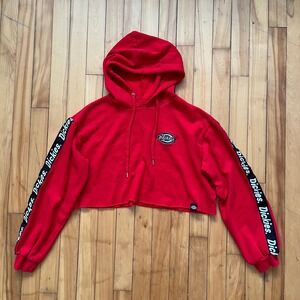 Dickies Womens Red Cropped Hoodie Logo Sleeve Taping Raw Hem Size Large